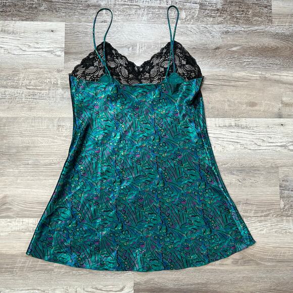 Vintage Cacique Satin Lace Slip Dress Floral Teal Black Lingerie M - Picture 4 of 7